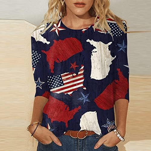 Ризи 4 юли за Жени с Флага на САЩ, Лятна Риза, с Кръгло деколте и 3/4 ръкав, Ръкав Три Четвърти, Празнична Ежедневна Блуза, Топ