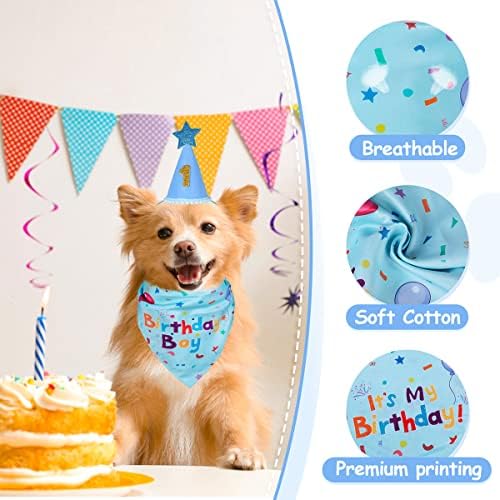 Yicostar Шал-Кърпа за рождения Ден на Кучето и Шапка за Рожден Ден за Момичета и Момчета с Номера за Малки, Средни и Големи Кучета (Сини)