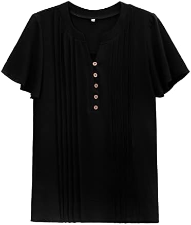 Дамски Модни Тениска С V образно деколте и рюшами копчета, Блузи С ръкави-рюшами, Блузи Свободно, Намаляване, Обикновена Ежедневни Ризи