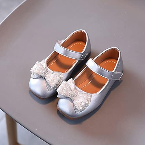 Обувки за малки момичета с цветя модел, обувки Mary Jane, на равна подметка, Ежедневни балет апартаменти без обков с лък и перли, вечерни учебни обувки на плоска подметка (сребро, 12-15 месеца)
