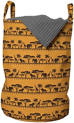 Чанта за дрехи Ambesonne Elephant, в два цвята Стил с Повтарящи се Изображения на местни животни - Жираф, Лъв и Дървета, Кошница за дрехи с дръжки, Закрывающаяся на шнур, за пране, 13 x 19, Мек кафяв