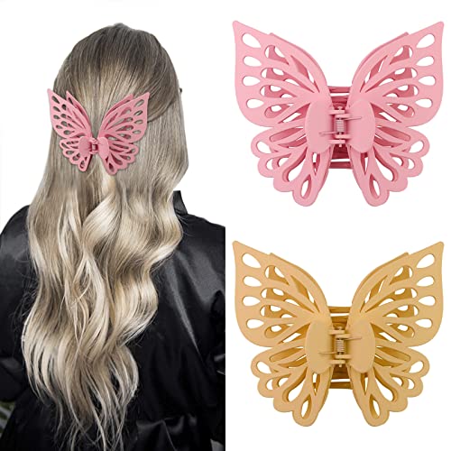 Съдържание на ПАКЕТА 2 бр. големи щипки за коса с пеперуди за жени, големи щипки за коса-нокти за тънки гъста коса, красиви фиби с пеперуди за коса, жълто-розови щипки