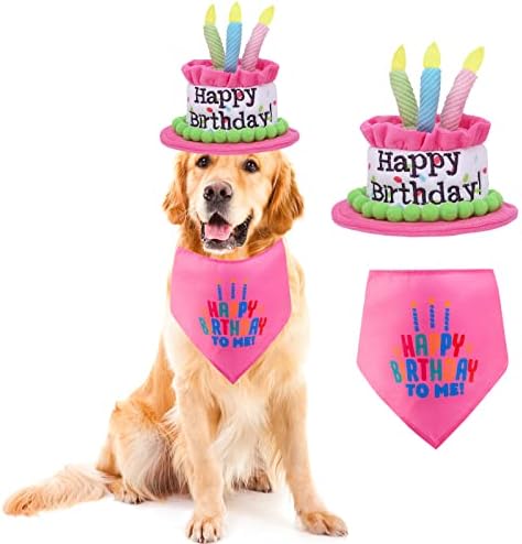 Ushang Пет Extral Голяма Капачка за Торта за Рожден Ден за Кучета и Шал-Кърпа за Рожден Ден и Набор от детски Играчки за торти за рождения Ден на Розово, Шапка, за да Поздрави с рождения Ден на Кучето с Цветни Свещи,