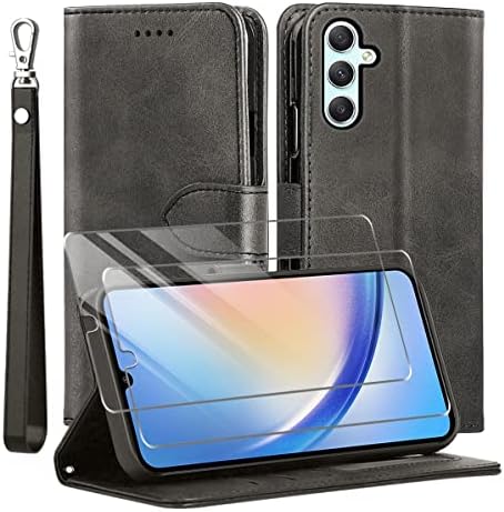 за Samsung Galaxy A34 5G Калъф и защитно фолио за екран от закалено стъкло, калъф-портфейл от изкуствена кожа с панти капак, Защитен калъф за вашия телефон [Пълна защита] [Отделения за карти] [Стойка] за Samsung Galaxy