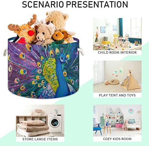 Кръгла кошница за съхранение на играчки върху платно с изображение на паун Кигаи с дръжка от памучни въжета, подходящ за многофункционални кошница за съхранение в детската стая и хола.