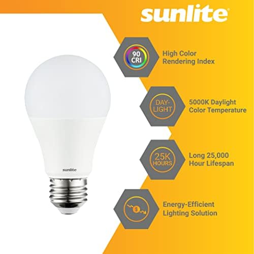 Стандартна битова лампа Sunlite 41757 LED A19, 9 W (еквивалент на 60 W), На 800 Лумена, Средна база (E26), с регулируема яркост е в списъка на UL, Energy Star, 90 CRI, Title 20, Дневна светлина 5000 К, брой 6 броя