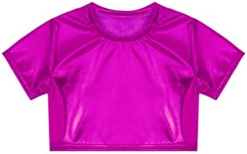 Mufeng/ Детска Блестяща Къса Риза с метален Принтом за момчета и Момичета, Облекла за Танци в стил хип-Хоп, Съкратен Топ с Къс ръкав, Тениска, Розово-Червена 11-12 Години