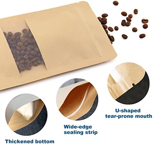 DRAONGYE Kraft Stand Up Чанта с прозрачен прозорец, Закрывающаяся чанта с Разрываемой bossed, топлинно запечатване чанта за съхранение на продукти с цип, Запечатани опаковки в опаковки (75 бр 5,5 * 7,9 инча)