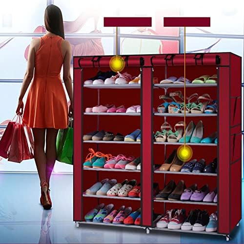 Увеличете пространството на шкафа, благодарение на трайно органайзеру за обувки - Нескользящая повърхност, Компактен дизайн, Лесен монтаж, Мултифункционален съхранение и 12 решетки за обувки цвят на червено вино.